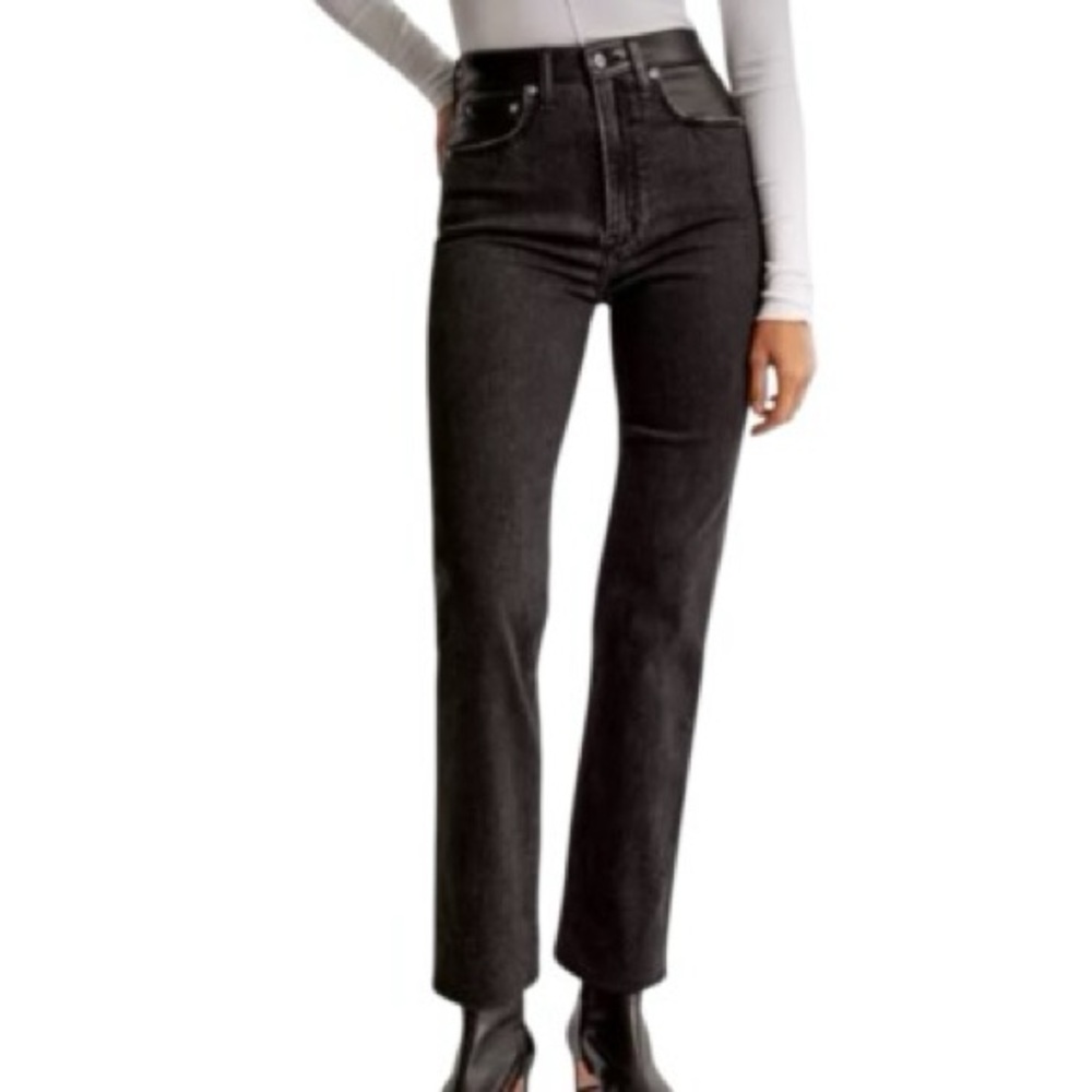 A&F Black Leather Mixed Fabric Ultra High Rise Ankle Straight Jean, 24/00